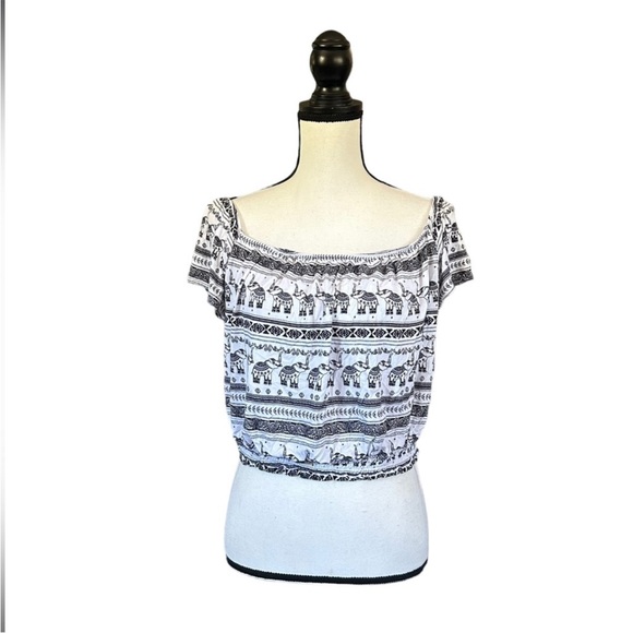 H&M Loves Coachella Black & White Elephant Print Crop Top Boho Festival Large - Picture 1 of 9